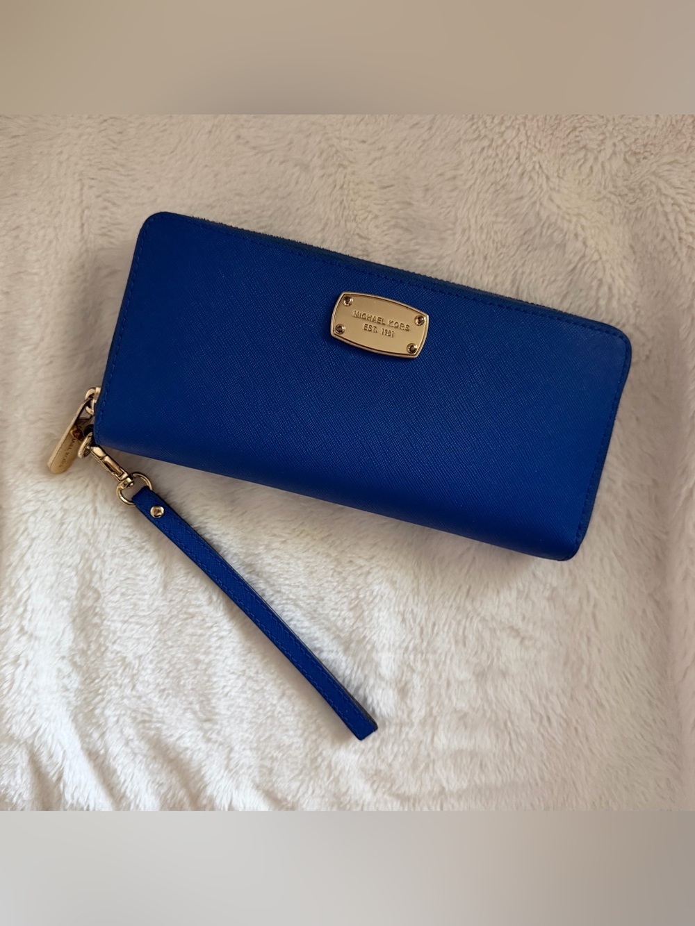 Michael Kors Saffiano Zip Wristlet in Cobalt Blue with Gold Hardware